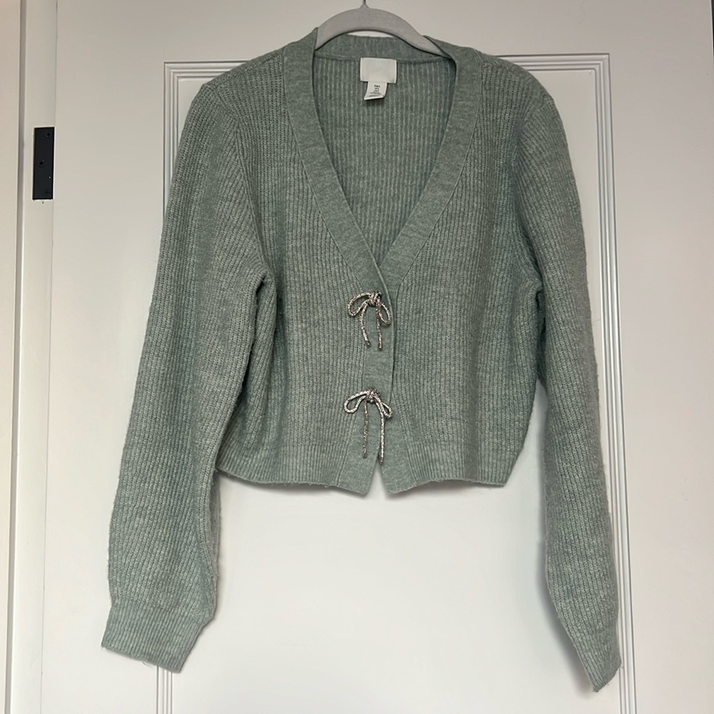 H&M jeweled bow button cropped cardigan